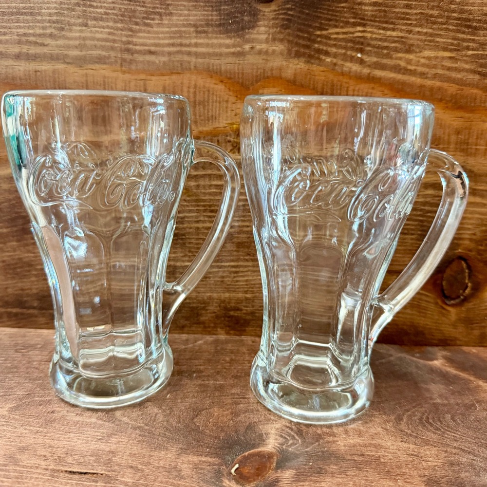 Coca-Cola Glass Mugs Set of 2 Embossed Logo Clear Green Tint Fluted Base